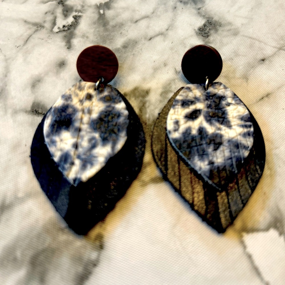 Leather Earrings, Navy Blue Tie Dye